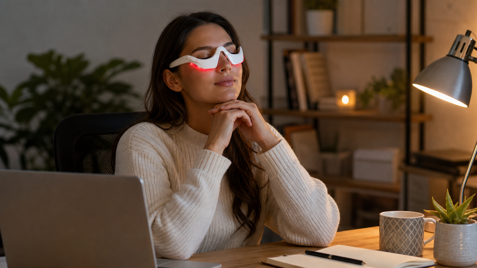 Persona usando Ikigai EyeRest después de trabajar con portátil